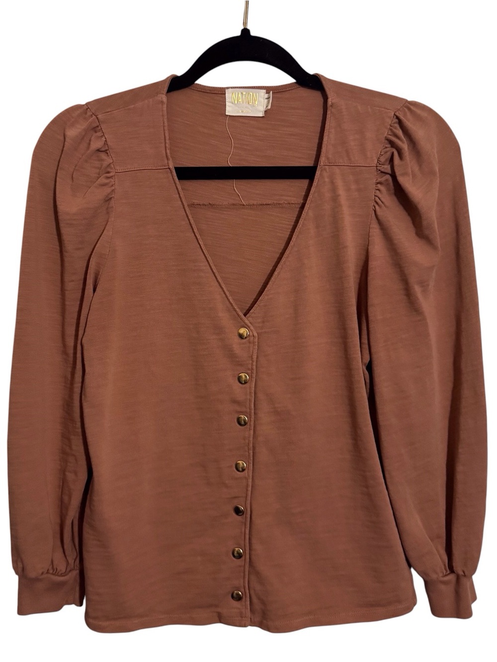 ❌Nation LTD Size Small Brown Puff Sleeve Button Up Top Cotton Blouse Long Sleeve